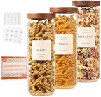 3 Pack Glass Canisters with Airtight Acacia Lids and 132 Kitchen Pantey Labels Preprint - 45 Fl Oz Borosilicate Glass Pantry Storage Jars Containers with Wooden Lids for Tea,Sugar,Cookie,Coffee,Nuts by XOTAISM