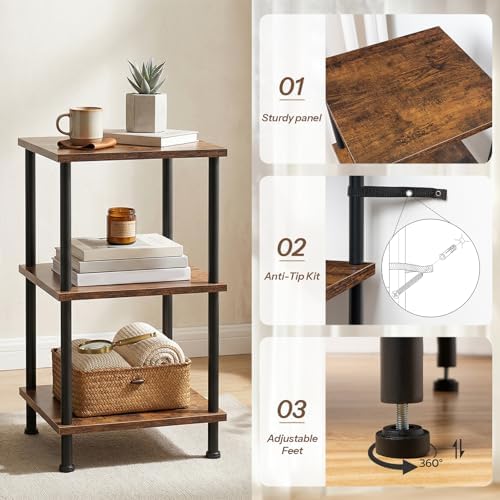 HOOBRO 3-Tier Corner Shelf Stand, Corner Square Rack Display Shelf, Tall Storage Plant Stand, Bookcase for Small Spaces, Living Room, Home Office, Kitchen, Rustic Brown and Black BF153CJ01 - Image 6