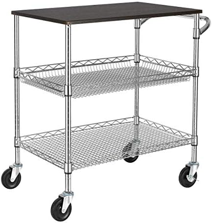 Finnhomy 3 Tier Heavy Duty Commercial Grade Utility Cart with Wood Top, Wire Rolling Cart with Handle Bar, Steel Service Cart with Wheels, Utility Shelf Food Storage Trolley, NSF Listed by Finnhomy