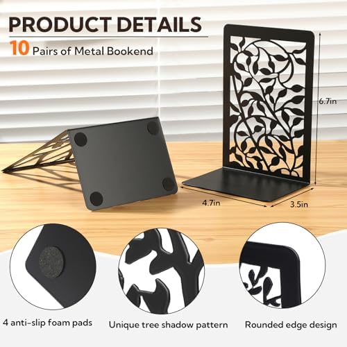 20 Pieces Book Ends for Shelves Heavy Duty Bookends Non-Skid Metal Book Holders Black Tree Design Modern Bookends for Shelves Office Home Decorative Book Stopper for Books CD(10 Pair) - Image 2