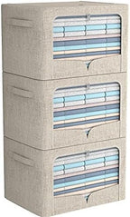 FHSQX 3 Pack Clothes Storage Bins - Foldable Metal Frame Storage Box - Stackable Linen Fabric Container Organizer Set with Carrying Handles and Clear Window (Beige, 19.7x15.7x13inch(66L)) by FHSQX