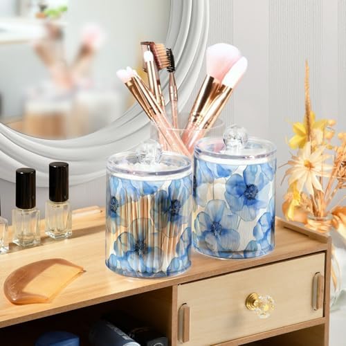 Fustylead 4 Pack Beautiful Blue Poppy Flower Qtip Holder Dispensers for Cotton Swab, Ball, Round Pads, Floss, Plastic Apothecary Jar Set for Bathroom Canister Storage - Image 5
