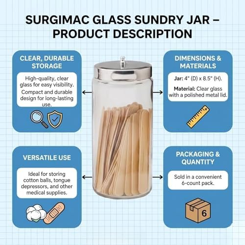 SurgiMac Glass Sundry Jar with Lid, 4 x 8.5 inch, Clear Storage Container, Compact & Durable, for Cotton Balls & Supplies | 6 Count - Image 2