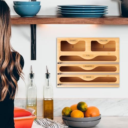 Bambooss Roll Organizer Holder - Ziplock Bag Organizer | Wooden Bag Holde, Wrap Dispenser with Cutter and Labels, Wooden Ziplock Drawer, Food Storage Drawer for Kitchen - Image 4