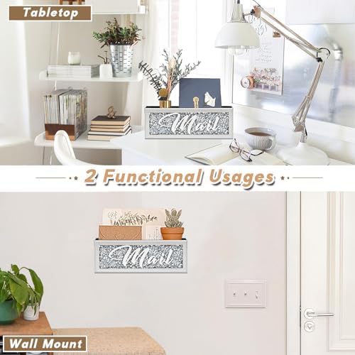 Crushed Diamond Mail Organizer, Crystal Mail Organizer Countertop, Mirror Letter Holder, Mail Tray, Mail Holder Box for Desk, Mail Holder for Wall - Image 5