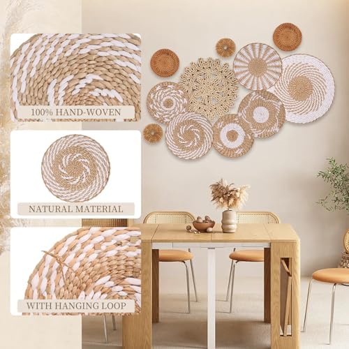 Boho Wall Basket Decor Set of 11 - Hanging Woven Bulrush Basket Wall Decor, Handcrafted Round Flat Baskets Wall Art, for Rustic Farmhouse、Home - Unique Rattan Wicker Wall Decor（White Retro） - Image 3