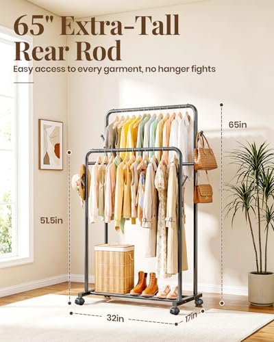 Delamu Clothes Rack Double Rods, Black, 65''Hx32''W - Image 2
