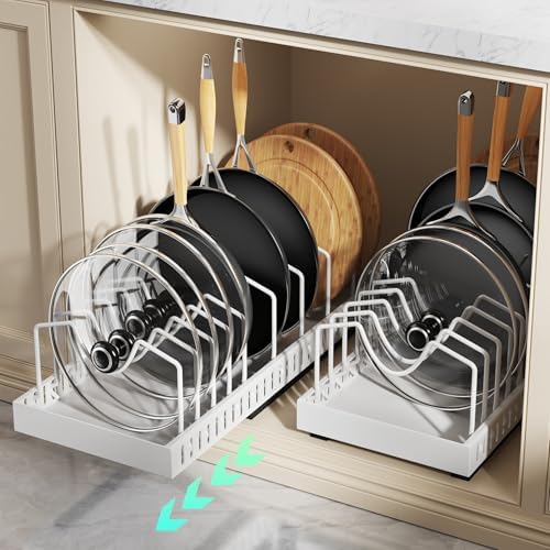 Pull Out Pots and Pans Organizer Under Cabinet, Expandable Sliding Lid Holder and Pan Rack for Kitchen, Slide Out inside Cabinet for Pot Lid, Bakeware, Dishes, 10 Adjustable Dividers, 2 Pack White by Lozovincablemanagementtray