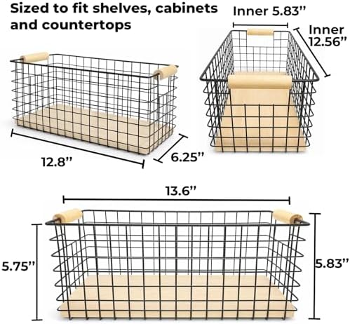 2-Pack Wire Baskets 12.8" x 6.25" Solid Wood Handles Organizer - Image 6