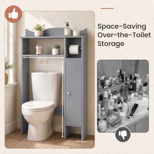 Giantex Over-The-Toilet Storage Cabinet, Bathroom Freestanding Space Saver with 1-Door Side Storage Cabinet & Paper Holder, Toilet Rack Organizer Stand for Bathroom Laundry (Gray) - Image 6