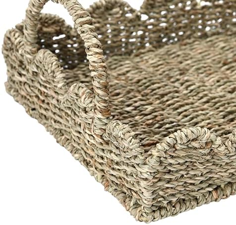 Household Essentials Seagrass Decorative Tray with Scalloped Edge, Handwoven Natural Wicker Organizer Basket with Handles & Iron Frame for Coffee Tables, Bathrooms & Countertops (Pack of 8) - Image 4