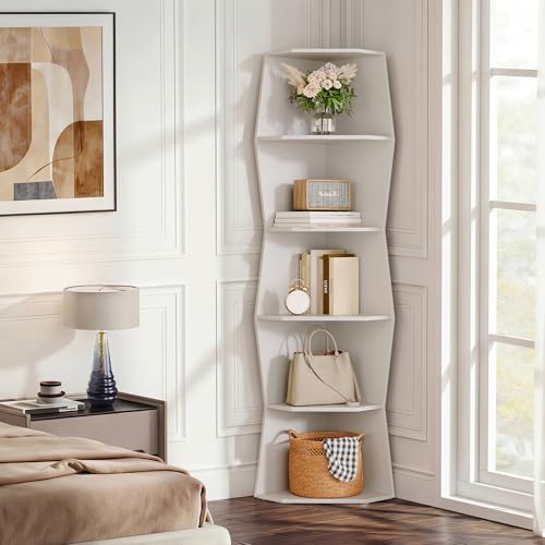 6-Tier Wavy Corner Shelf, Wooden Tall Corner Bookshelf, White - Image 4