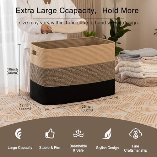 OIAHOMY 118L Extra Large Blanket Basket Cotton Rope Storage Basket Black - Image 2