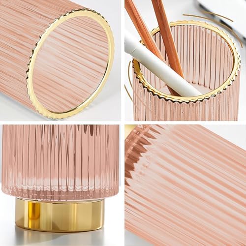 DASITON Makeup Brush holder Organizer,Crystal Cosmetic Makeup Brush Glass Brushes Storage Holder, Vintage Make Up Brush Cup Pen Pencil Holder striped vase(Pink S+L) - Image 6