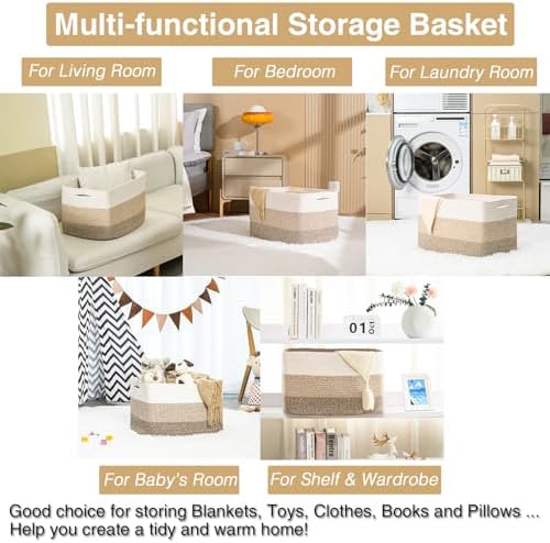ICERZCZ Large Rectangle Blanket Basket, Large Storage Basket for Organizing, Cotton Rope Woven Basket for Storage with Handles, Baby Nursery Living Room Bedroom, 22”x17”x12”, 75L - Image 4