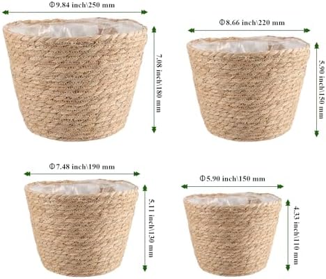 Set of 4 Seagrass Planter Basket, 6" 7" 9" 10" Hand Woven Plant Basket with Waterproof Plastic Liner, Round Natural Flower Pot for Indoor Outdoor Modern Home Decoration, Brown - Image 2