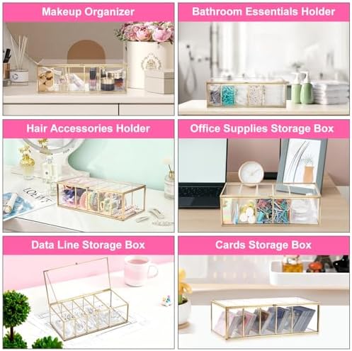 ELLDOO Lash Extension Organizer Box with Lid, Gold Glass Eyelash Supplies Organizer Storage Box, 5 Compartments Bathroom Supplies Storage Container for Cotton Swabs, Balls, Pads, Floss Picks - Image 5