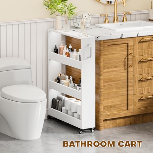 Slim Storage Cart, Lightweight 4 Tier Metal Rolling Utility Kitchen Cart on Wheels, Mobile Storage Shelving Unit Organizer for Bathroom Laundry Office Narrow Places (4 Tier-White, 6" D) - Image 7
