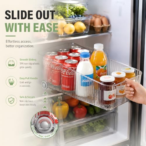 2 Pack Fridge Organizer Bins with Wheels, Clear Roll Out Refrigerator Drawers with Adjustable Dividers and Handles, PET Pantry Storage Bins for Drinks, Snacks, Cans and Cabinet - Image 2