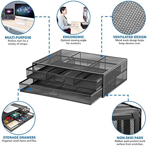 MOUNT-IT! Computer Monitor Stand With Drawers, Metal Mesh Riser and Organizer for Laptops and Computer Screens, Laptop, and Printer Accessories and Office Supplies (Black) - Image 5