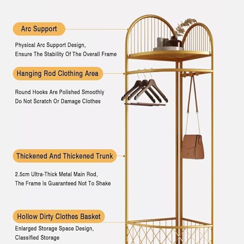 HKaikzo Corner Coat Rack, Gold Clothes Rack with 6 Metal Movable Hooks and Storage Basket Hall Tree Design Clothing Rack for Bedroom Entryway Hallway - Image 4