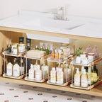 Delamu 2 Tier Under Sink Organizer Bathroom, Bathroom Cabinet Organizer with Snap-Lock Design and Hooks, Pull Out Storage with Movable Dividers, for Countertop, Kitchen and Pantry (White, 4 Pack) by DELAMU