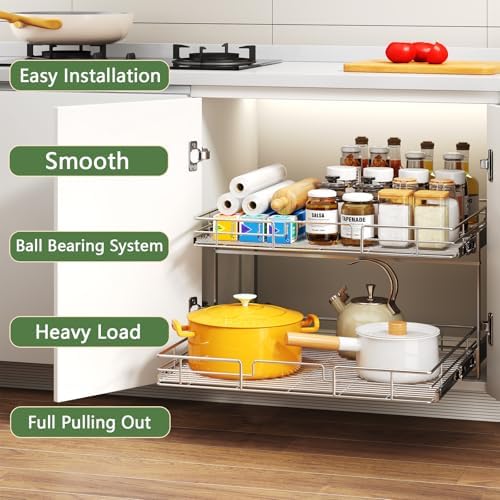 2 Tier Individual Pull Out Cabinet Organizer 28½" W x 21½" D, Heavy Duty Cabinet Pull Out Shelves, Slide Out Drawers Organization for Kitchen Cabinets Bathroom - Image 2