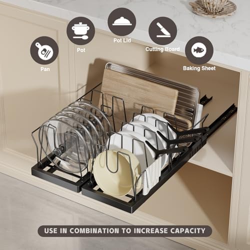 Magheo Pots and Pans Organizer Under Cabinet, 22" Deep Expandable Pull Out Pot Lid Organizer and Storage with 10 Adjustable Dividers No Drill Pot and Pan Holder Rack with Handle Bracket(1 Pack,Black) - Image 2