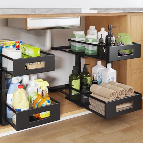Under Sink Organizer, 2-Tier Dual Pull Out Cabinet Organizer Drawers With Smooth Circular Rail, Large Capacity Metal Mesh Sliding Shelves For Bathroom& Kitchen Storage,Height Adjustable–Black,2 Packs by UnderSinkOrganizer