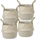 Qunclay 4 Pack Woven Seagrass Baskets Belly Basket Folding Boho Plant Pot with Handles Round Decorative Wicker Large Indoor Planter for Home Outdoor Tree Planters Decor(Natural, White) by Qunclay