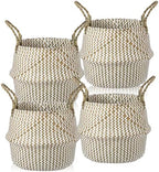 Qunclay 4 Pack Woven Seagrass Baskets Belly Basket Folding Boho Plant Pot with Handles Round Decorative Wicker Large Indoor Planter for Home Outdoor Tree Planters Decor(Natural, White) by Qunclay