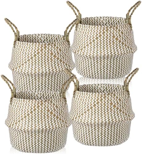 Qunclay 4 Pack Woven Seagrass Baskets Belly Basket Folding Boho Plant Pot with Handles Round Decorative Wicker Large Indoor Planter for Home Outdoor Tree Planters Decor(Natural, White) by Qunclay