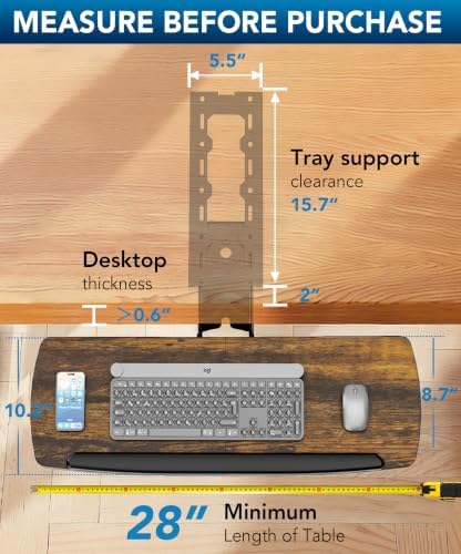 Keyboard Tray Under Desk with Storage Drawer, Height Adjustable Keyboard Tray Slide Out 360° Swivel Tilt, Ergonomic Under Desk Mount Keyboard & Mouse Holder for Gaming Home Office, 28''x11'' Vintage - Image 3