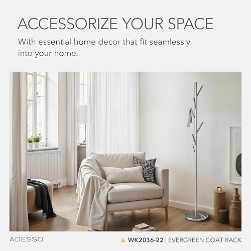 Adesso Coat Rack, Brushed Steel, 6 Hooks, Space-Saving, 67" - Image 2