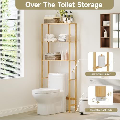 Over The Toilet Storage,3-Tier Bamboo Bathroom Shelf with Paper Holder - Image 2