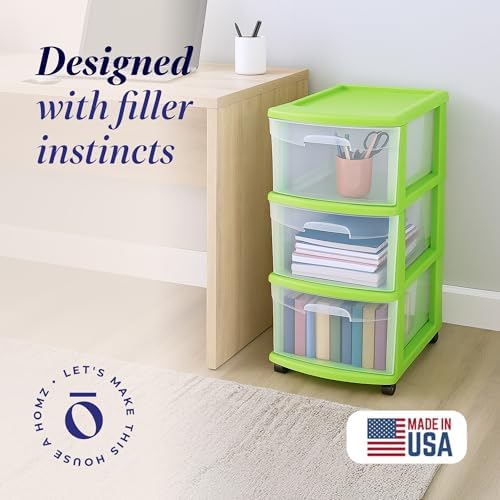 HOMZ Drawer Tower, 3-Tier Storage Cart with Removable Wheels, Bold Lime - Image 3