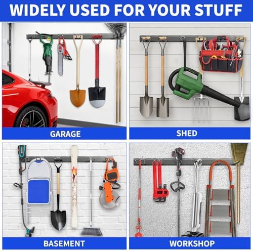 Garage Tool Organizer Wall Mount, 64 Inch Heavy Duty Garden Tool Organizer Storage System, Easy Install with 10 Adjustable Hooks, for Garage, Basement, Shed, Workshop, Black, Steel - Image 4
