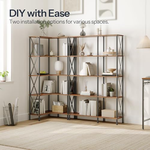 HOOBRO Corner Bookshelf, 5-Tier L-Shaped Bookcase, Industrial Open Display Shelf Tall Storage Organizer, Vertical Storage Rack, for Living Room, Home Office, Rustic Brown and Black BF60SJ01 - Image 4