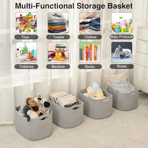 ICERZCZ Storage Baskets for Organizing & Shelves, Woven Cotton Rope Organization Bins for Dog Toys, Clothes, Books, Nursery Organizer, 15"Lx11"Wx9.5"H, (4 Packs) Grey - Image 4