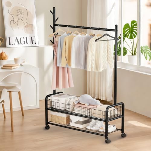 MYUPDALIN Rolling Metal Clothes Rack with Shelves & Storage Basket, Black - Image 2