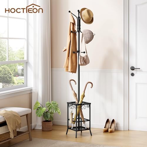Hoctieon Coat Rack Freestanding, Coat Tree with Umbrella Holder, Metal Coat Rack Stand with 12 Hooks, Standing Coat Hanger Stand, Umbrella Stand for Entryway, Hat Rack Stand for Home Office, Black - Image 2