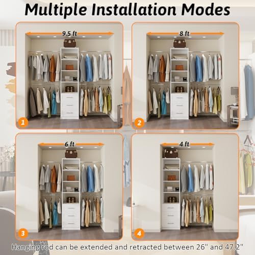 Closet System, 5FT-8FT Closet Organizer System with 3 Wooden Drawers, 99" Walk In Closet Organizer and Storage with 4 Expandable Hanging Rods, Wall Mount, White - Image 4