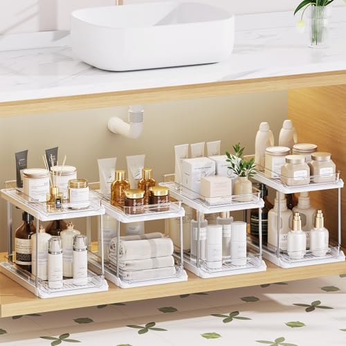 Delamu 2-Tier Bathroom Under Sink Organizers and Storage, Pull Out Cabinet Drawers with Anti-Slip Design, Multi-Purpose Storage for Kitchen, Pantry, Bathroom & Home Organization, White, 4 Pack by DELAMU