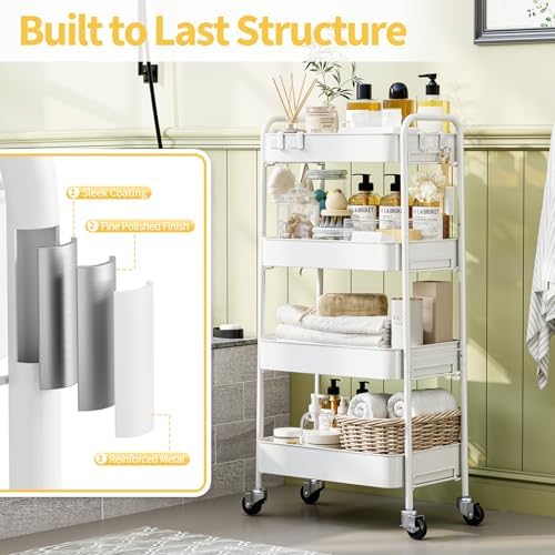 TOOLF 4 Tier Metal Rolling Cart, Utility Storage Cart with Wheels, White - Image 5