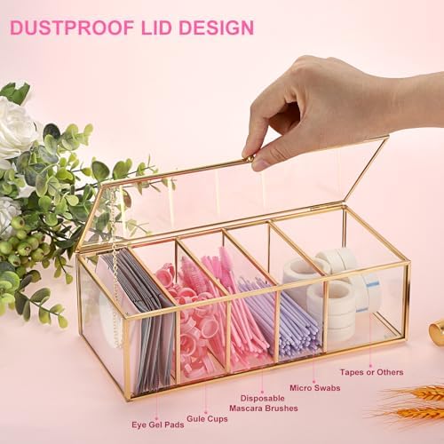 ELLDOO Lash Extension Organizer Box with Lid, Gold Glass Eyelash Supplies Organizer Storage Box, 5 Compartments Bathroom Supplies Storage Container for Cotton Swabs, Balls, Pads, Floss Picks - Image 3