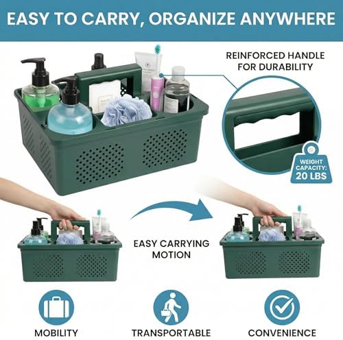 KMV Dorm Room Portable Shower Caddy with Adjustable Compartments - Ventilated Drainage Design with Handles, Perfect Toiletries Organizer for College Dorms-green - Image 3