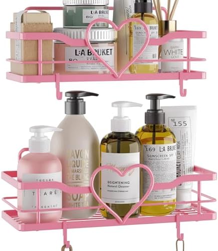 Pink Shower Caddy with 4 Removable Hooks, 2 Pack Sweet Heart Shower Shelves,No Drilling Adhesive Organizer Shelf for Bathroom Shower,Kitchen,Bedroom by FLCITYYOURHOMEDECORVENDOR