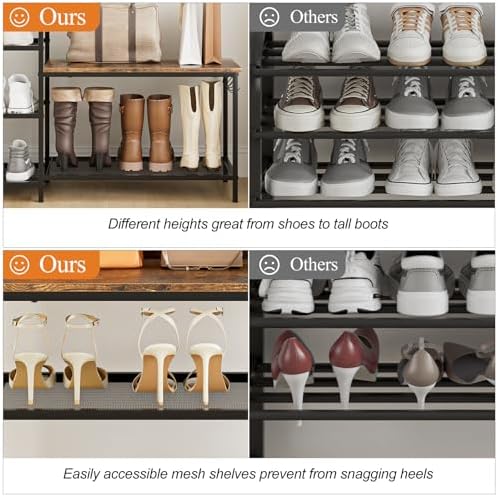 Shoe Rack Bench Storage Organizer for entryway,6-Tier Industrial Free Standing Shoe and Boot Racks with Seat,Entrance Shoe Rack Organizer Shelves for High Heels,Hallways, Closets,Brown,48.7in - Image 5