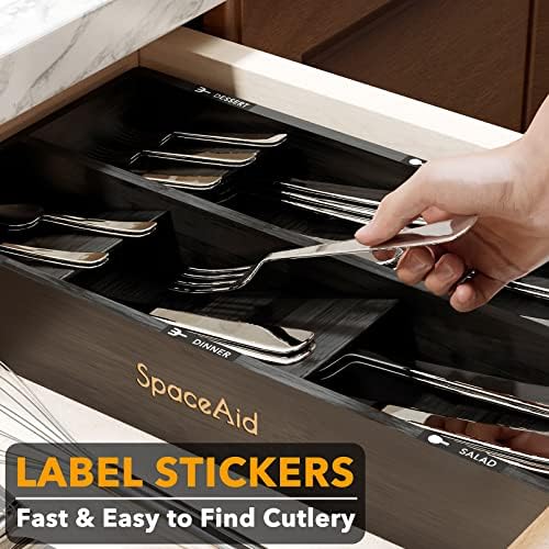 SpaceAid Bamboo Silverware Drawer Organizer with Labels, Kitchen Utensil Tray Holder Organizer for Flatware, Cutlery, Spoon and Knives Drawer Storage Organization (Black, 6 Slots) - Image 5