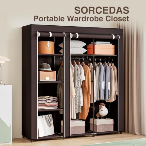 SORCEDAS Portable Closet Wardrobe with Hanging Rods Shelves Clothes Storage - Image 2